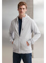 GRIMELANGE Core Men's Zipper High Collar Hooded Drawstring Fleece Light Gray Sweatshirt