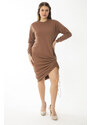 Şans Women's Plus Size Camel Skirt Elastic Gathered Sweatshirt Dress