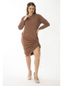 Şans Women's Plus Size Camel Skirt Elastic Gathered Sweatshirt Dress