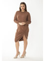 Şans Women's Plus Size Camel Skirt Elastic Gathered Sweatshirt Dress