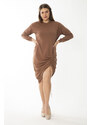 Şans Women's Plus Size Camel Skirt Elastic Gathered Sweatshirt Dress