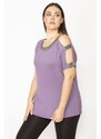 Şans Women's Plus Size Purple One-Shoulder And Collar Silvery Detailed Blouse