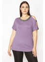 Şans Women's Plus Size Purple One-Shoulder And Collar Silvery Detailed Blouse