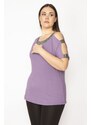 Şans Women's Plus Size Purple One-Shoulder And Collar Silvery Detailed Blouse