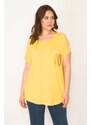 Şans Women's Plus Size Yellow Shoulders Tulle And Ornament Pocket Stone Detailed Low Sleeve Viscose Blouse