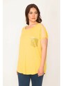 Şans Women's Plus Size Yellow Shoulders Tulle And Ornament Pocket Stone Detailed Low Sleeve Viscose Blouse