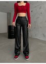 BİKELİFE Women's Black Leather High Waist Wide Leg Cargo Pants