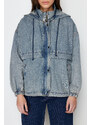 Trendyol Blue Hooded Oversize Denim Jacket