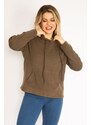Şans Women's Plus Size Khaki Hooded Kangaroo Pocket Fleece Sweatshirt