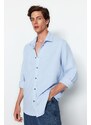 Trendyol Light Blue Men's 100% Cotton Relaxed-Fit Wide Fit Shirt with a Wrinkly Look