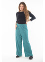 Şans Women's Plus Size Green Elastic Waist Wide Leg Crepe Trousers