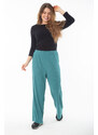 Şans Women's Plus Size Green Elastic Waist Wide Leg Crepe Trousers