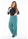 Şans Women's Plus Size Green Elastic Waist Wide Leg Crepe Trousers