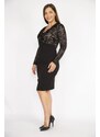 Şans Women's Black Plus Size Top Lace V-Neck Evening Dress