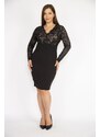 Şans Women's Black Plus Size Top Lace V-Neck Evening Dress