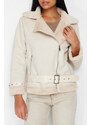 Trendyol Ecru Plush Detailed Suede Belted Biker Coat