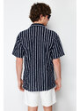 Trendyol Navy Blue Striped Relaxed Fit Knitwear Look Wide Collar Shirt