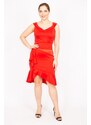 Şans Women's Red Plus Size Evening Dress with Draped Waist and Hidden Zipper at the Back