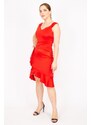 Şans Women's Red Plus Size Evening Dress with Draped Waist and Hidden Zipper at the Back