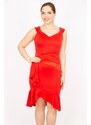 Şans Women's Red Plus Size Evening Dress with Draped Waist and Hidden Zipper at the Back