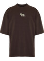 Trendyol Dark Brown Oversize Animal Embroidery Printed 100% Cotton T-Shirt