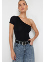 Trendyol Black Fitted/Situated Asymmetric Collar Single Sleeve Snap Snaps Flexible Knitted Body