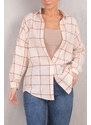 armonika Women's Cream Square Pattern Oversize Long Basic Shirt