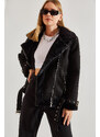Bianco Lucci Women's Laminated Suede Coat with Shearling Belts and Sheaths.