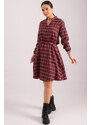 armonika Women's Burgundy V-Neck Elastic Waist Plaid Pattern Flared Dress