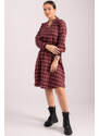 armonika Women's Burgundy V-Neck Elastic Waist Plaid Pattern Flared Dress