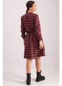 armonika Women's Burgundy V-Neck Elastic Waist Plaid Pattern Flared Dress