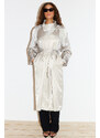 Trendyol Beige Oversize Wide-Cut Collar Detailed Snap Button Shiny Belted Trench Coat