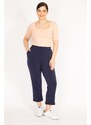 Şans Women's Navy Blue Plus Size Ironing Trace Grass Stitched Elastic Waist Side Pocket Trousers