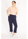 Şans Women's Navy Blue Plus Size Ironing Trace Grass Stitched Elastic Waist Side Pocket Trousers