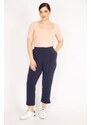 Şans Women's Navy Blue Plus Size Ironing Trace Grass Stitched Elastic Waist Side Pocket Trousers