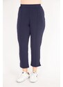 Şans Women's Navy Blue Plus Size Ironing Trace Grass Stitched Elastic Waist Side Pocket Trousers