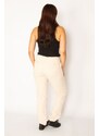 Şans Women's Large Size Stone Waist, Tunnel Lace Detail, Side and Back Pockets, Gabardine Fabric Trousers
