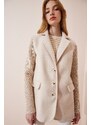 Happiness İstanbul Women's Cream Shawl Collar Knitwear Sleeve Detail Cachet Coat