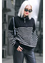 Madmext Women's Black Zipper Striped Sweater