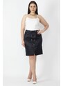 Şans Women's Plus Size Navy Blue Diagonal Satin Skirt With Fabric Button Detail Elasticated Back Waist