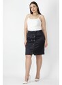 Şans Women's Plus Size Navy Blue Diagonal Satin Skirt With Fabric Button Detail Elasticated Back Waist