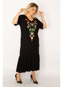 Şans Women's Plus Size Black Embroidery Detailed Dress with Tiered Hem, Side Pockets and Pockets