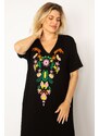 Şans Women's Plus Size Black Embroidery Detailed Dress with Tiered Hem, Side Pockets and Pockets