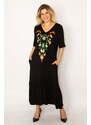 Şans Women's Plus Size Black Embroidery Detailed Dress with Tiered Hem, Side Pockets and Pockets