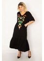 Şans Women's Plus Size Black Embroidery Detailed Dress with Tiered Hem, Side Pockets and Pockets