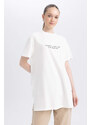 DEFACTO Regular Fit Crew Neck Slogan Short Sleeve Tunic