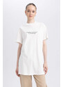 DEFACTO Regular Fit Crew Neck Slogan Short Sleeve Tunic