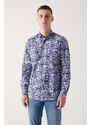 Avva Men's Navy Blue Abstract Patterned 100% Cotton Slim Fit Slim Fit Shirt