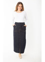 Şans Women's Plus Size Navy Blue Front Slit Denim Skirt