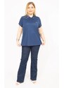 Şans Women's Navy Plus Size Polo Collar Sports Blouse with Side Stripes